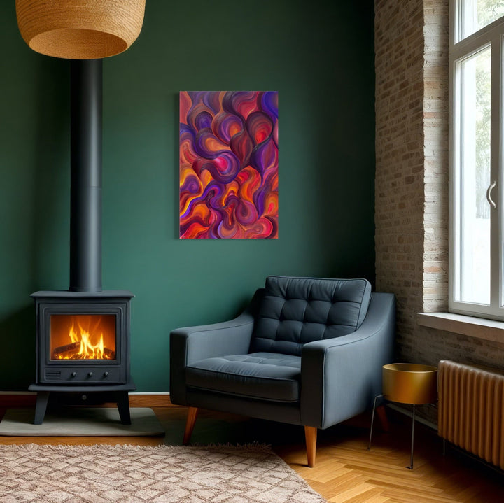 The artwork, Feel The Fire, by Kim Rosebud, displayed in a room.