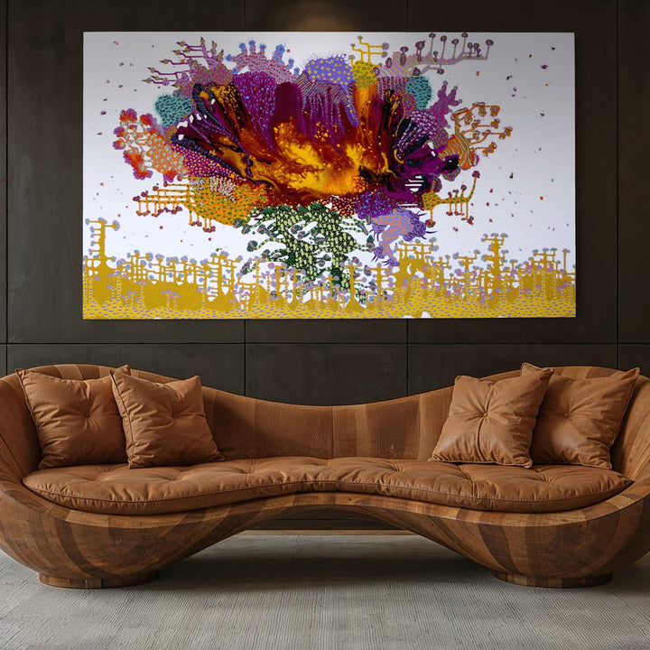 The artwork, Fields of Fire and Petals, by Avani Patel, displayed in a room.