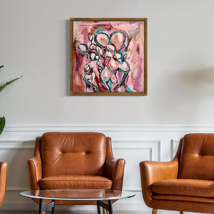 The artwork, Figures in Pink & Blue #1, by Kaitlin Andrews, displayed in a room.