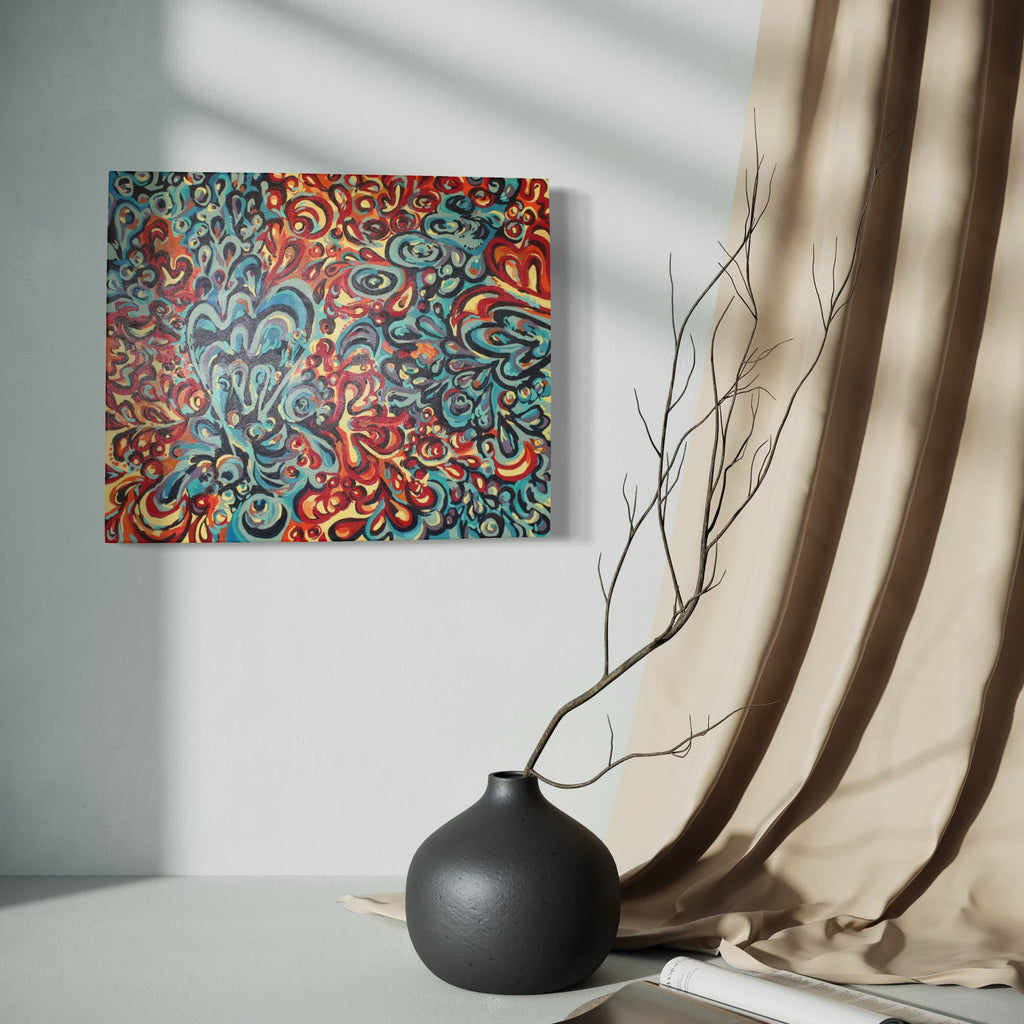 The artwork, Fire and Ice, by Kaitlin Andrews, displayed in a room.