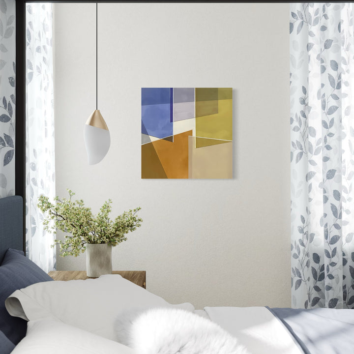 The artwork, Five Glass Panels, by Allan Gorman, displayed in a room.