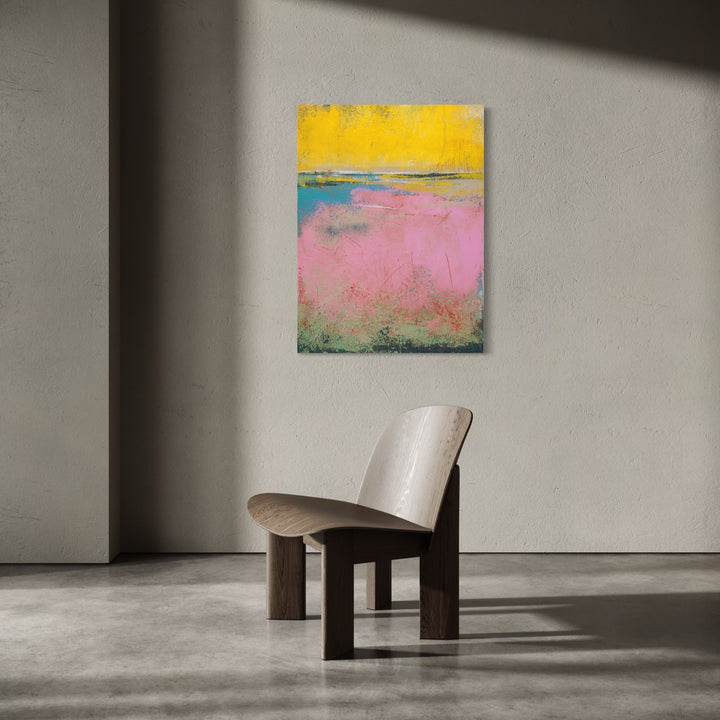 The artwork, Flamingo Coast, by Victoria Primicias, displayed in a room.