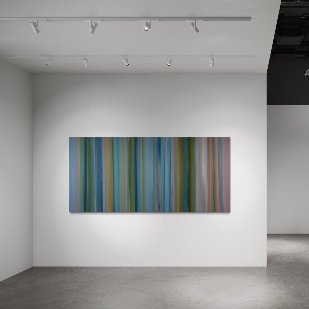 The artwork 'Floating World 1' by Willy Bo Richardson features vertical color bands flowing seamlessly across a large canvas. Soft blues, teals, and olive greens blend with gentle pinks and earth tones, creating a tranquil abstract composition reminiscent of natural landscapes. The oil painting's elongated format and fluid brushstrokes evoke a sense of movement and atmospheric depth.