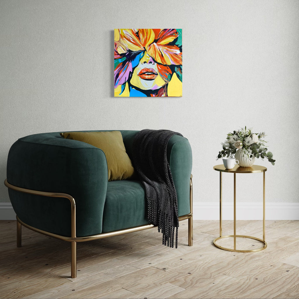 The artwork, Flower Face, by Claudia Sauter, displayed in a room.