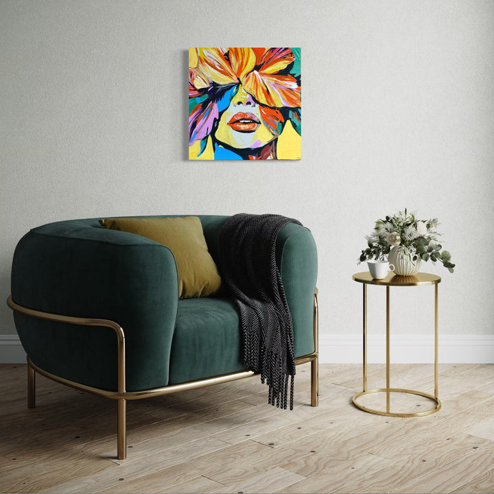 The artwork, Flower Face, by Claudia Sauter, displayed in a room.