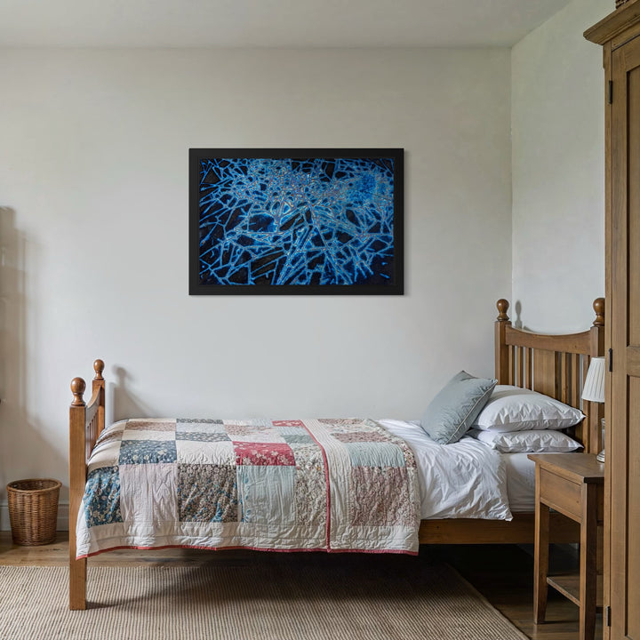 The artwork, Form and Substance in Blue, by Steve Edson, displayed in a room.