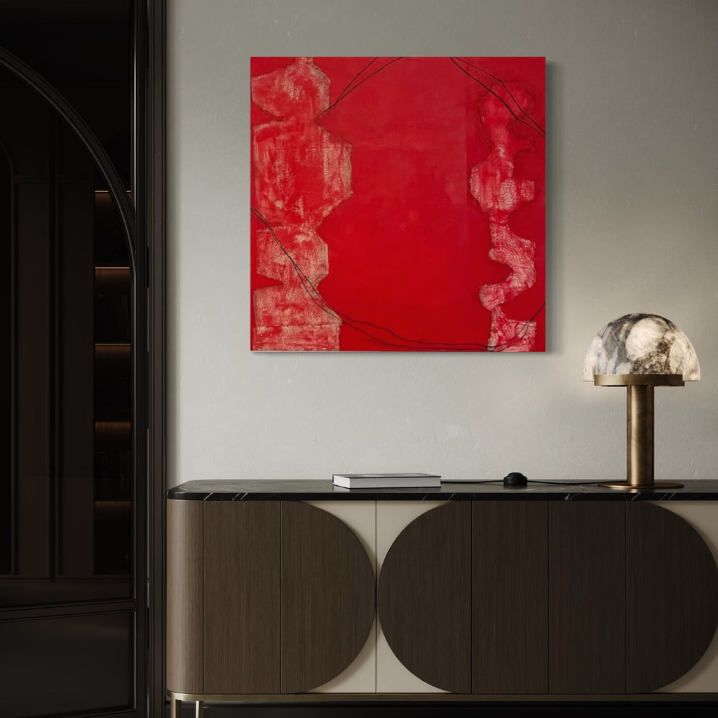 The artwork, Forms on Red with Lines, by Diane Englander, displayed in a room.