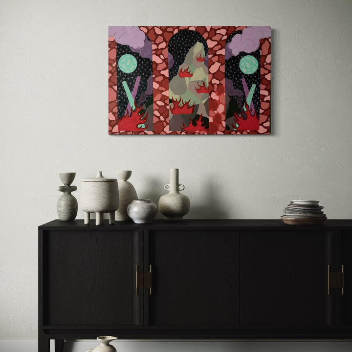 The artwork, Fortress, by Tyler Sorgman, displayed in a room.
