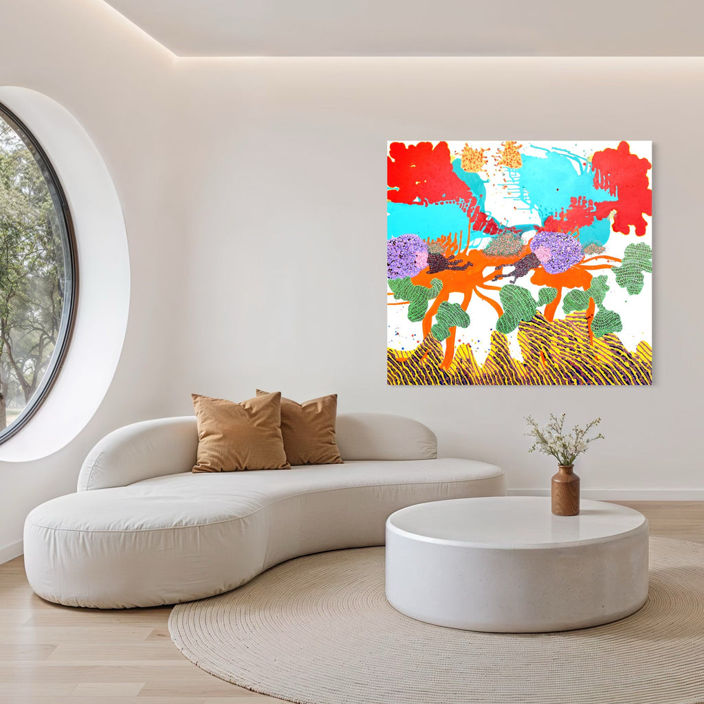 The artwork, Free In Love, by Avani Patel, displayed in a room.