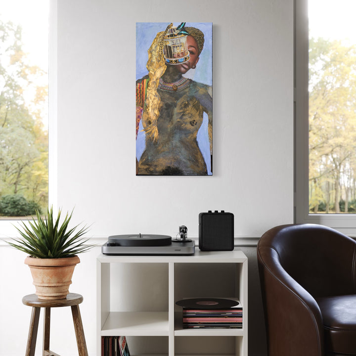The artwork, Free of the Gilded Cage, by Mona Dworkin, displayed in a room.