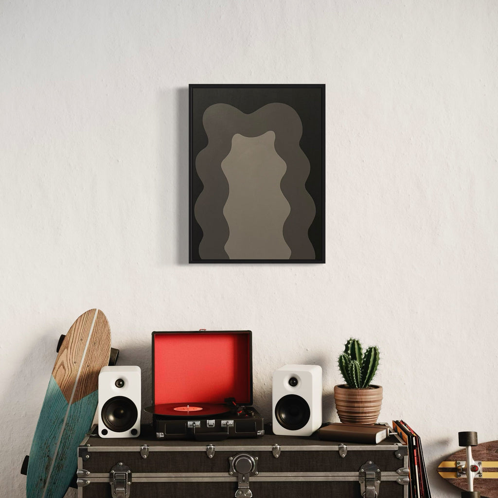 The artwork 'GREY' by Shadia Sabagh features abstract wavy forms in various shades of grey, creating a fluid, undulating pattern against a dark background. The contemporary acrylic painting on canvas showcases layered silhouettes with soft, organic edges, measuring 24 x 18 inches. The minimalist composition creates a sophisticated interplay of light and shadow.