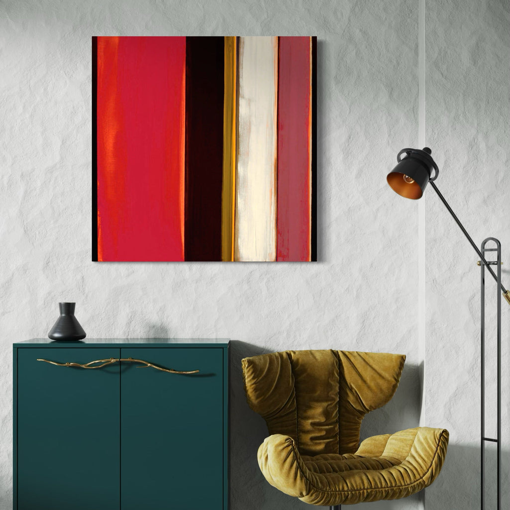 The artwork 'Geo 2' by Vanessa Ryan features bold vertical stripes in a modern abstract composition. Rich red, deep burgundy, black, and cream bands create a striking contrast, with a warm golden accent stripe adding depth. The 36x36 inch acrylic on canvas painting exemplifies contemporary minimalist design with clean lines and vibrant color blocking. By Vanessa Ryan.