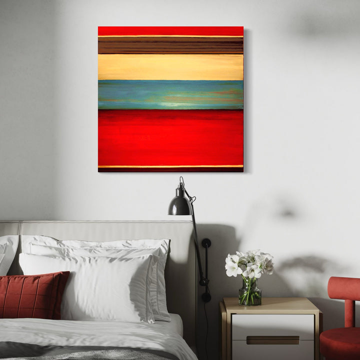 The artwork 'Geo 5' by Vanessa Ryan features bold horizontal bands of color, including vibrant red, turquoise blue, warm brown, and cream tones. The minimalist geometric composition creates a striking abstract landscape effect on a 36x36 inch canvas, with clean lines and rich acrylic paint application showcasing distinct color blocking and subtle gradient transitions.