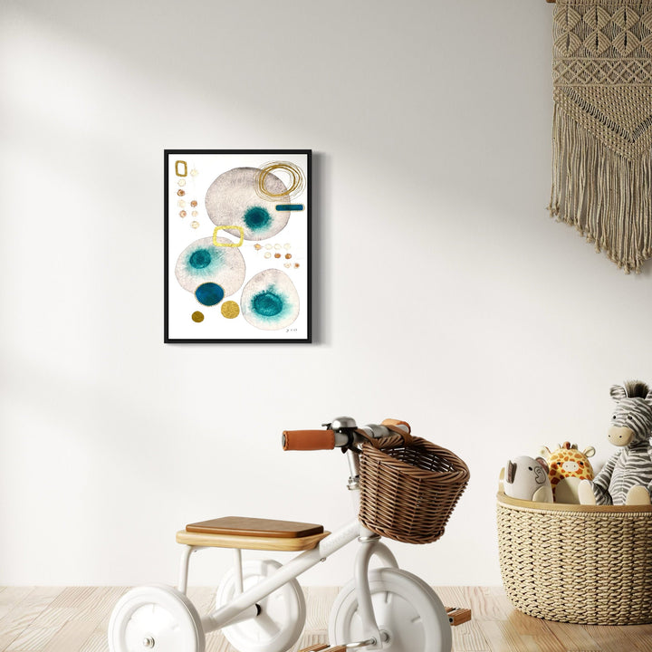 The artwork 'Germination' by Jocelyn Benford features ethereal watercolor circles in turquoise and white, with delicate gold accents flowing organically across the paper. Abstract organic shapes suggest cellular growth and natural development, complemented by subtle mixed media elements in a modern minimalist style. Black frame enhances the 24x18 inch composition.