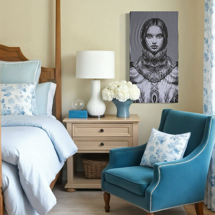 The artwork, Girl in a Blue Dress, by Carlos Gamez de Francisco, displayed in a room.