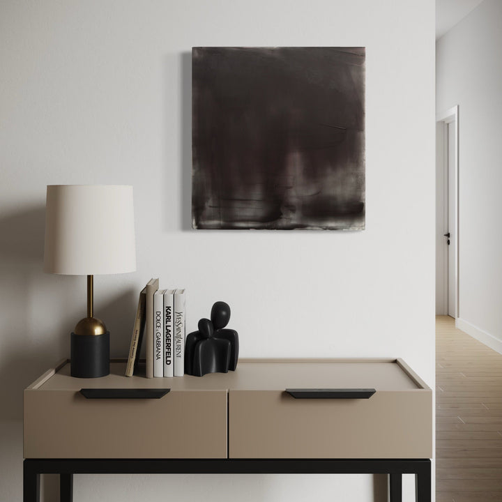The artwork, Graphite Veil 6, by Debra Ramsay, displayed in a room.