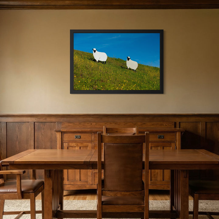 The artwork, Grazing Sheep, by Steve Edson, displayed in a room.