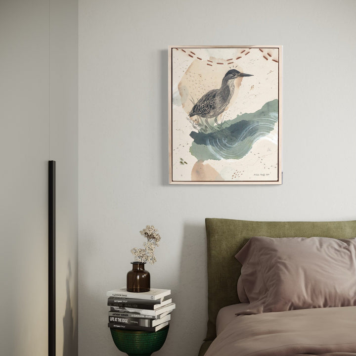 The artwork, Green Heron, Luring at the Water's Edge, by Alicia Hauff, displayed in a room.