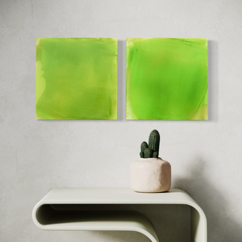 The artwork, Greens with Reversed Underpainting, by Debra Ramsay, displayed in a room.
