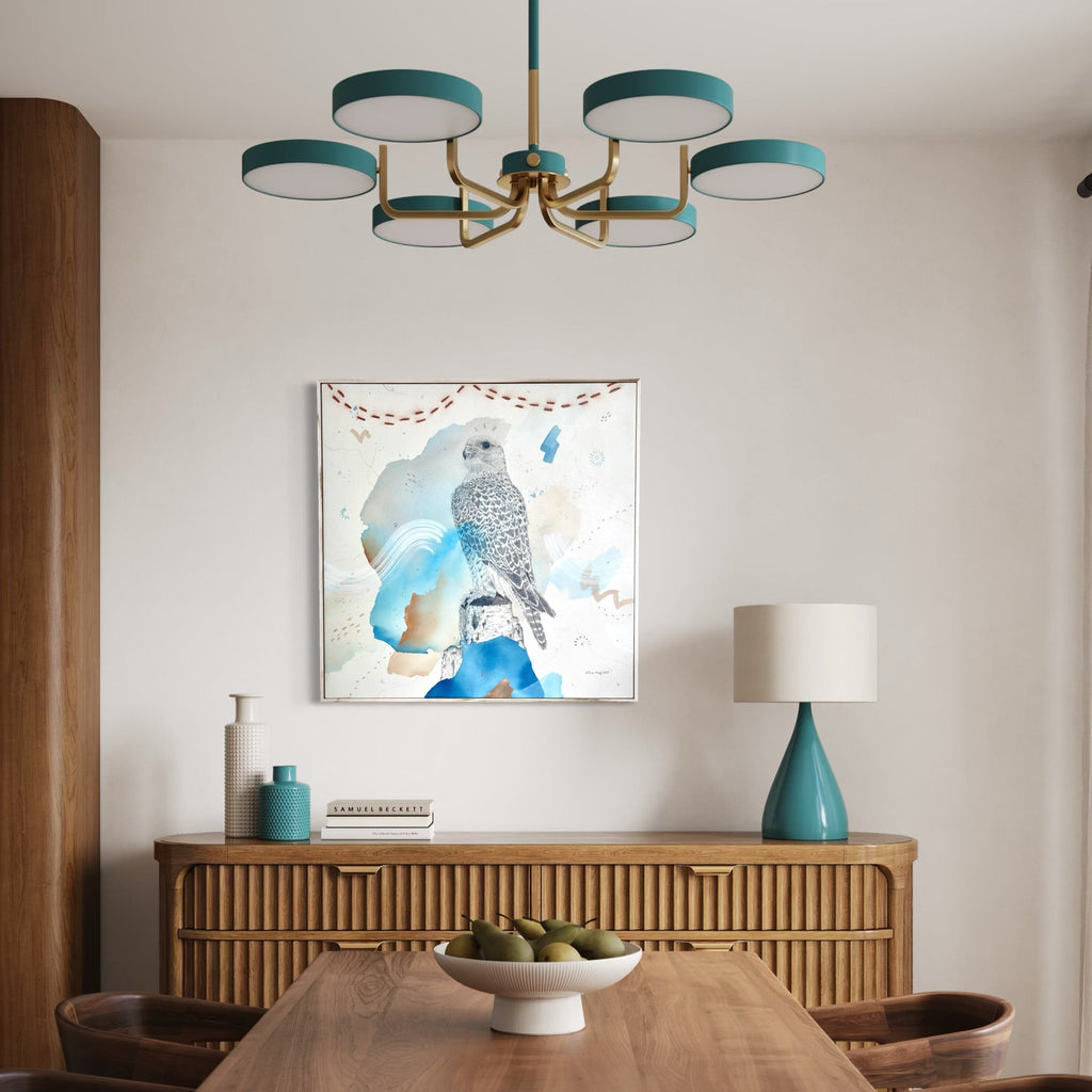 The artwork, Gyrfalcon, A King of Kings' Companion, by Alicia Hauff, displayed in a room.