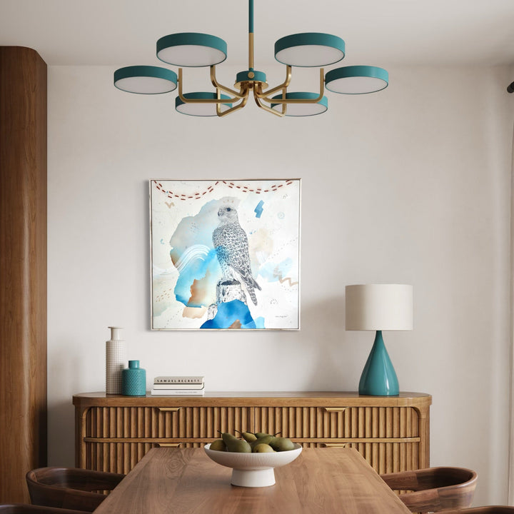 The artwork, Gyrfalcon, A King of Kings' Companion, by Alicia Hauff, displayed in a room.