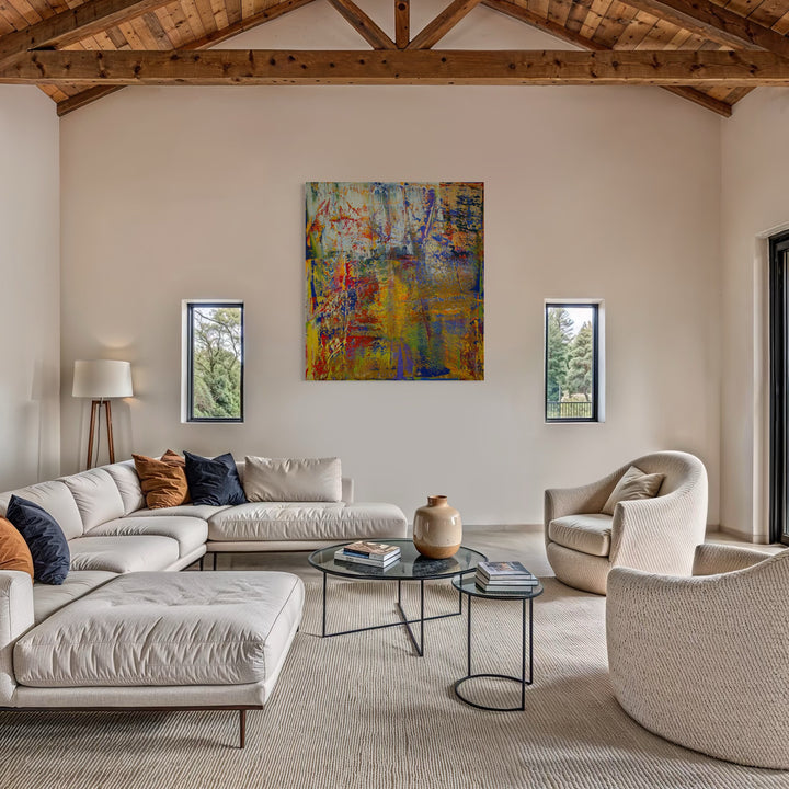 The artwork, Happy 2, by Harry Moody, displayed in a room.
