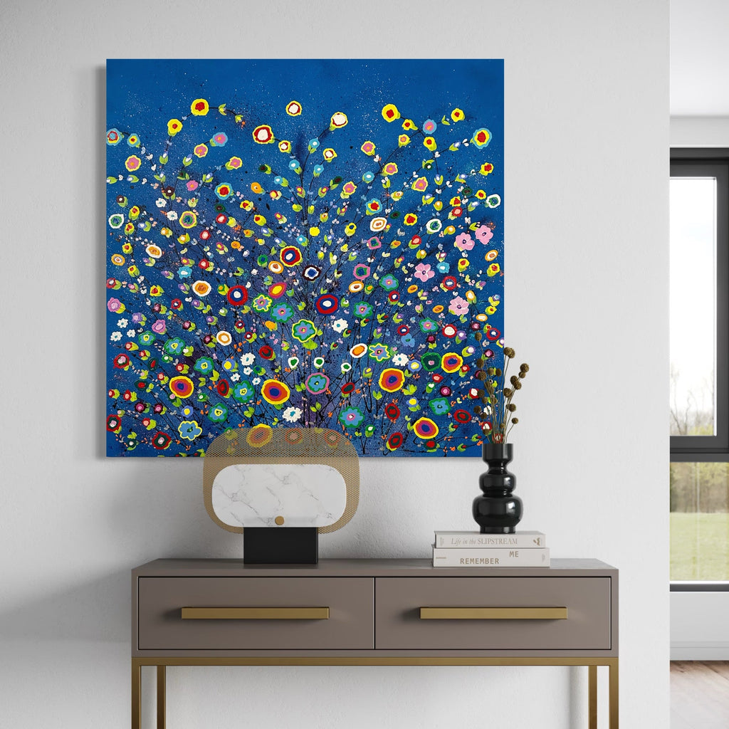 The artwork, Happy Cheerful Wow Wow Wow, by Dorothea Sandra, displayed in a room.