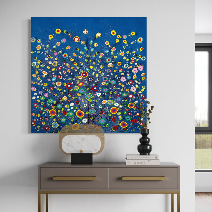 The artwork, Happy Cheerful Wow Wow Wow, by Dorothea Sandra, displayed in a room.