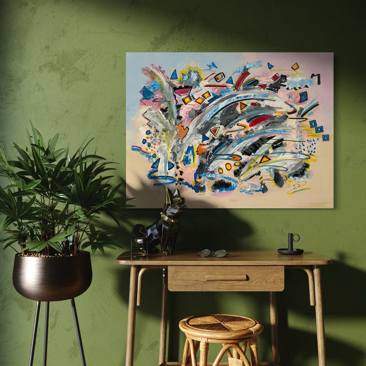 The artwork, Happy City In Motion, by Dorothea Sandra, displayed in a room.