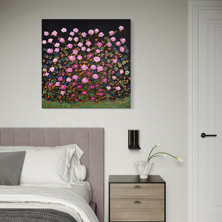The artwork, Happy Flowers Rooted In Soil, by Dorothea Sandra, displayed in a room.