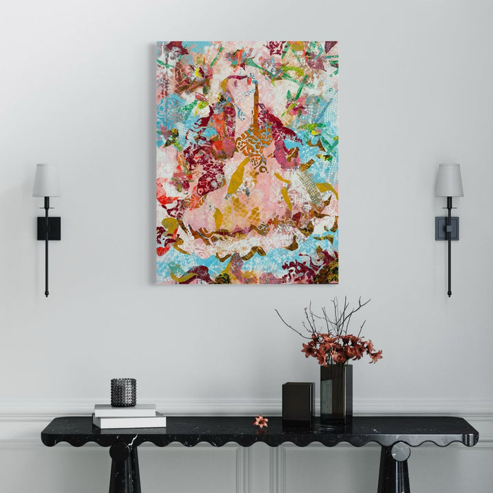 The artwork, Hear Blessings Dropping Their Blossoms Around You, by Rebecca Darlington, displayed in a room.