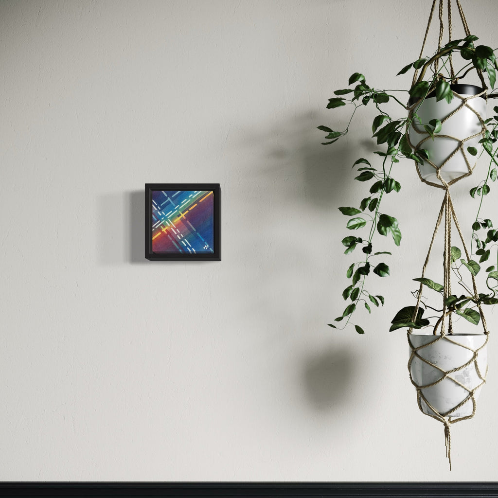 The artwork 'Highline' by Arthur Norcome features vibrant diagonal stripes in watercolor, ranging from deep blue to bright red, creating a dynamic geometric pattern in a black frame. The 5x5 inch piece displays a modern, abstract design with bold color transitions and clean linear elements against a gradient background.