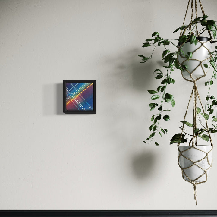 The artwork 'Highline' by Arthur Norcome features vibrant diagonal stripes in watercolor, ranging from deep blue to bright red, creating a dynamic geometric pattern in a black frame. The 5x5 inch piece displays a modern, abstract design with bold color transitions and clean linear elements against a gradient background.
