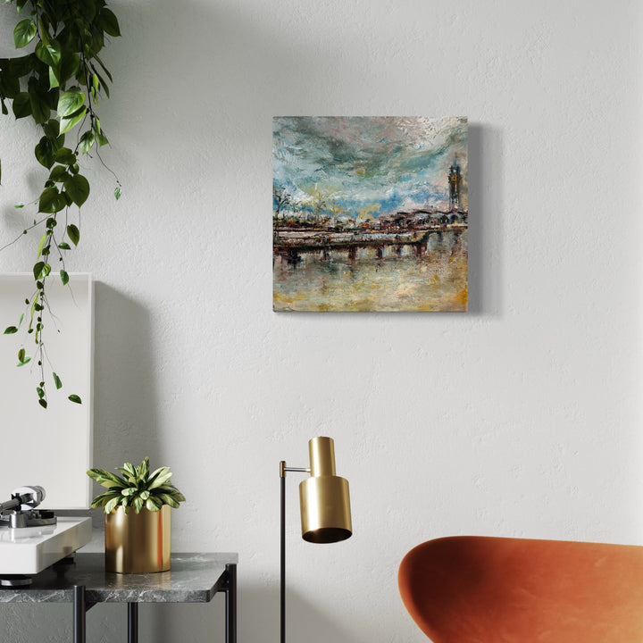 The artwork, Hoboken Lackawana Railway Station, by Rita BasuMallick, displayed in a room.
