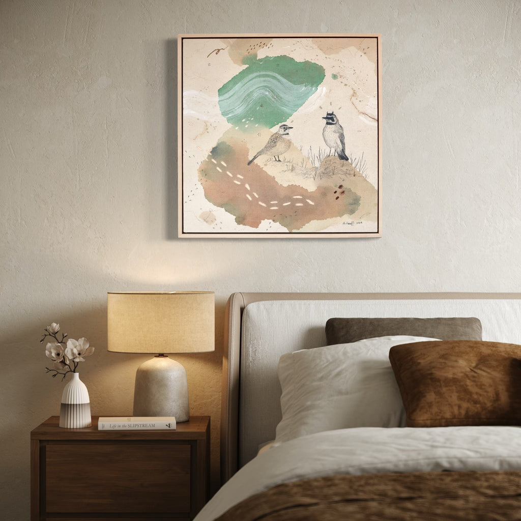 The artwork, Horned Lark, Tinkling Song Across the Fields, by Alicia Hauff, displayed in a room.