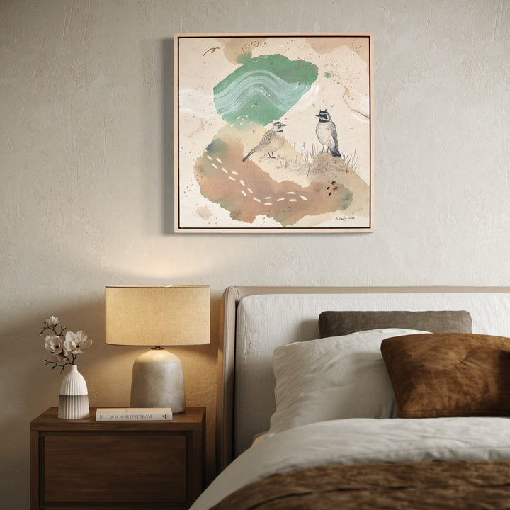 The artwork, Horned Lark, Tinkling Song Across the Fields, by Alicia Hauff, displayed in a room.