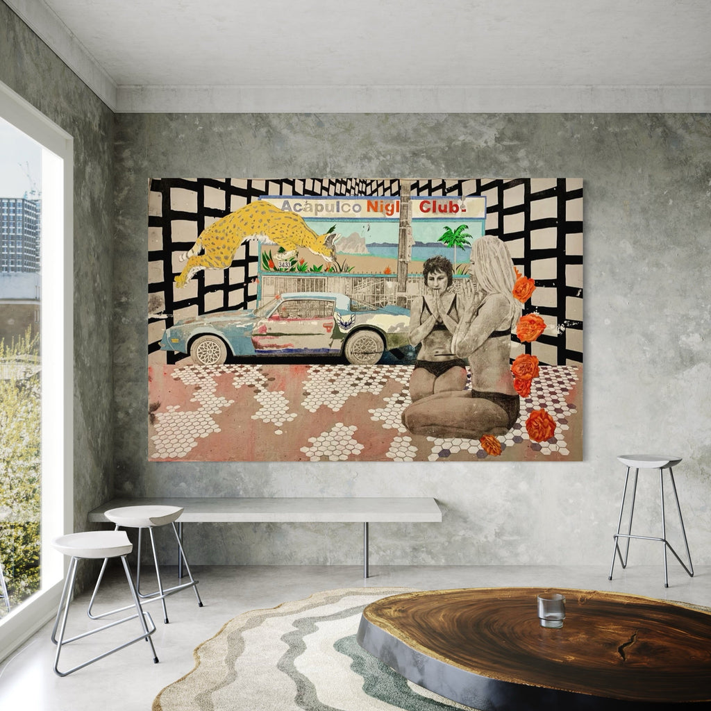 A photo of the artwork Hydroplaning, by Ray Borchers, hanging on a wall.