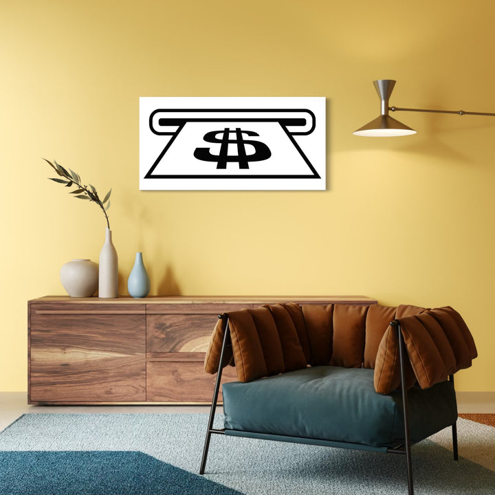INSERT CASH by Harold Herb presents a bold black and white graphic of a dollar bill emerging from a slot, mounted on a vibrant yellow wall. The artwork brings a modern, playful financial motif into the warm, stylish living space, contrasting stark lines with earthy-toned furnishings for a fresh, contemporary vibe.