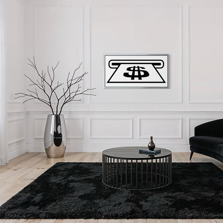 The artwork, INSERT CASH, by Harold Herb, displayed in a room.