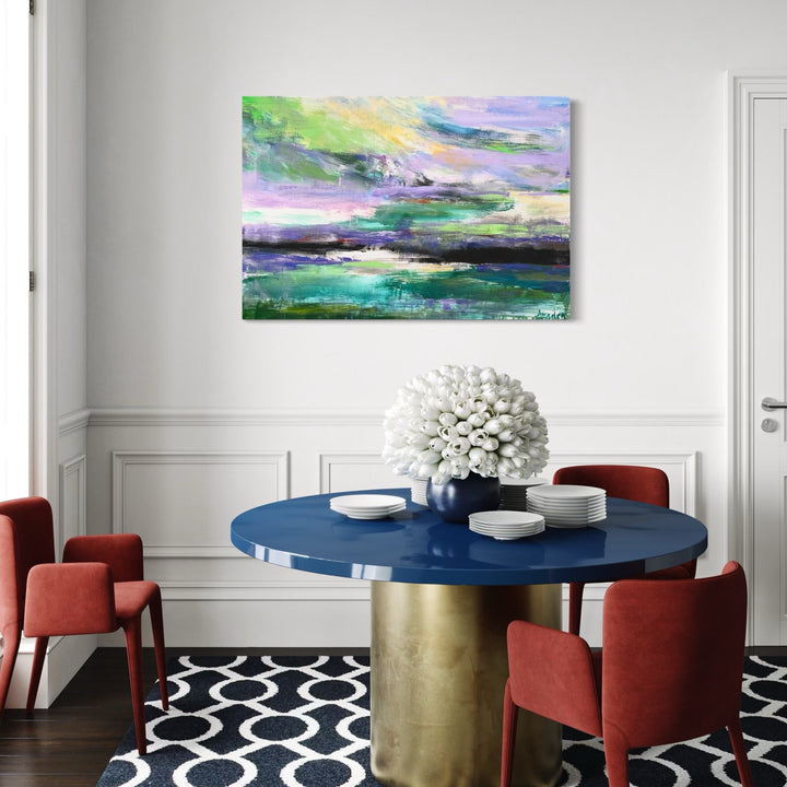 The artwork, IRISH LANDSCAPE, by Amadea Bailey, displayed in a room.