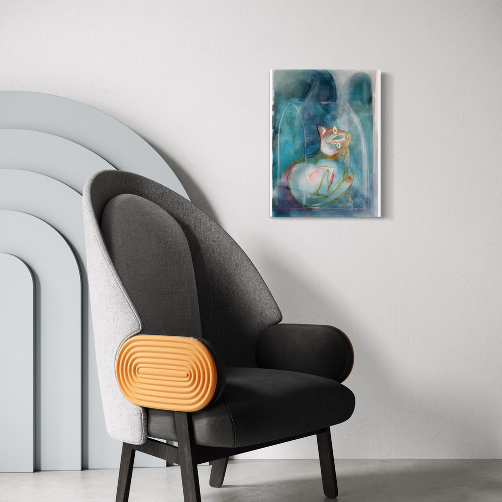 I Heard You Looking by Jane Lawrence: Abstract oil painting with ethereal teal swirls surrounding a luminous central form in soft peach and pink tones