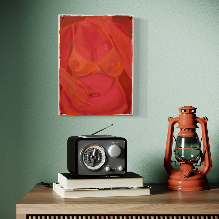 The artwork, I keep dreaming that I am back at summer camp [sunburn from 2025], by Chelsie Sunde, displayed in a room.