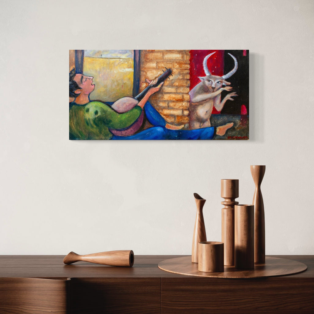 The artwork, I'll Sing You a Song of Solace, by Dara Theodora, displayed in a room.