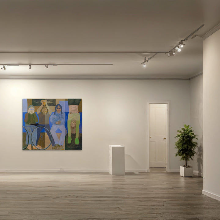 The artwork 'I was filled with hope... [our daily commute]' by Chelsie Sunde features vibrant figures in blue and green tones against a darker background, displayed in a minimalist gallery space with track lighting. The large oil painting mounted on a white wall shows abstract figures with geometric elements including circular shapes. Art dimensions 67x78 inches. By Chelsie Sunde.