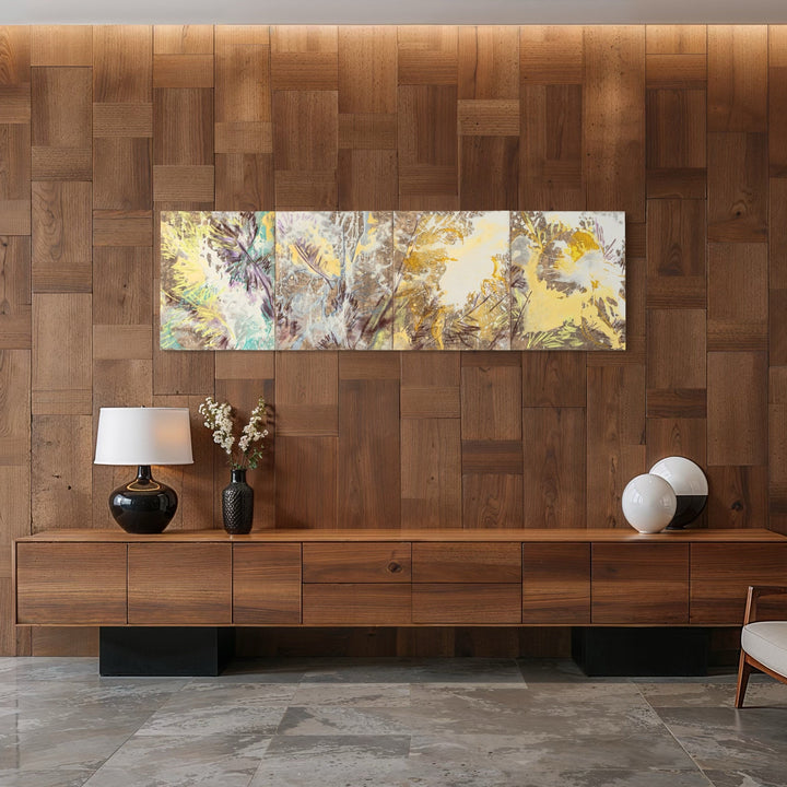 The artwork, In The Pines (tetraptych), by Molly Herman, displayed in a room.