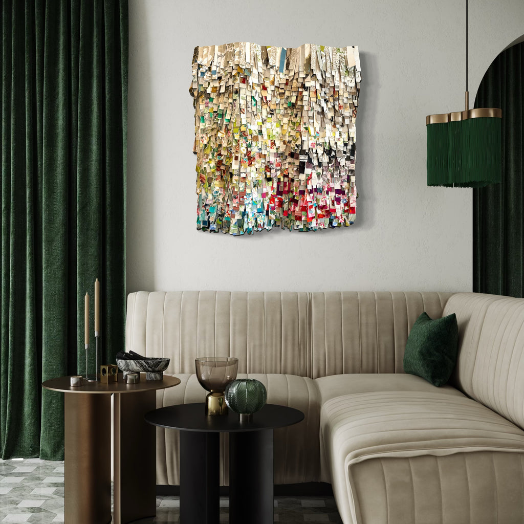 The artwork, In the Fray, by Shiri Phillips, displayed in a room.