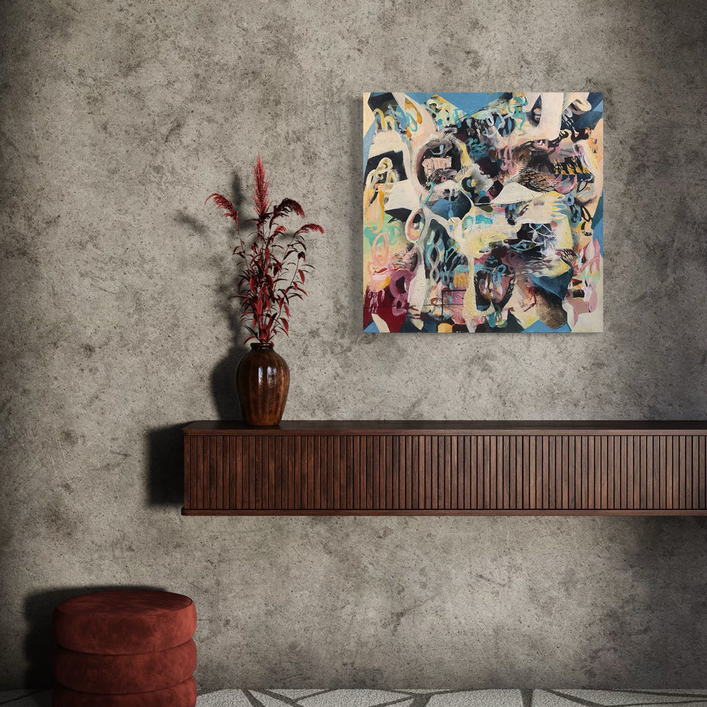The artwork, Indus Valley Rain, by David Louis Cintron, displayed in a room.