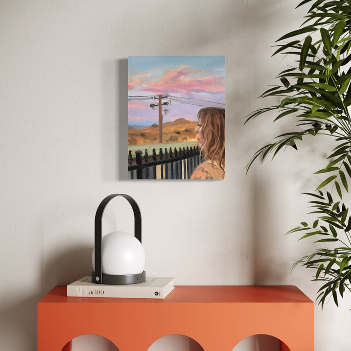 The artwork, Jen watching a Joshua Tree sunset, by Jillian Shea, displayed in a room.