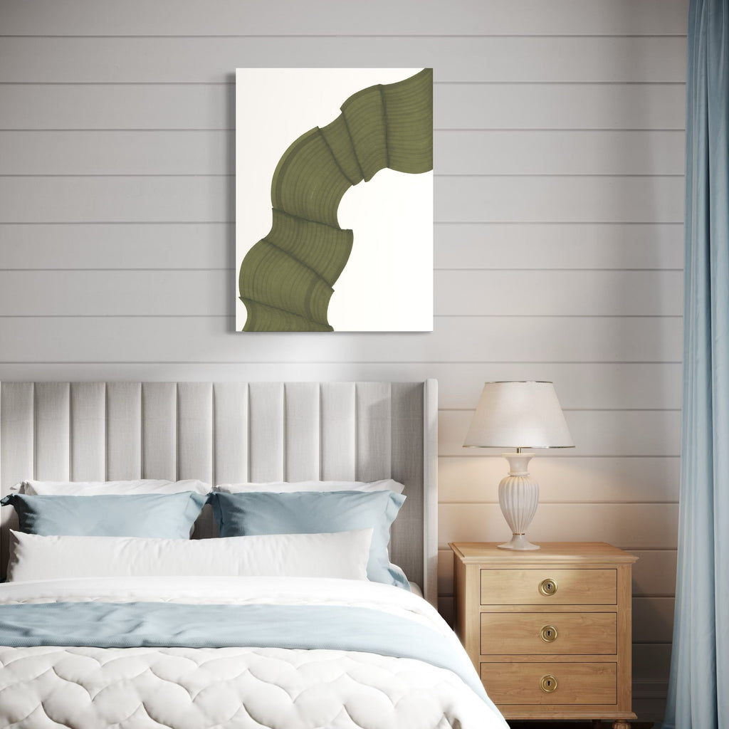 The artwork 'Journey of the Earth' by Alina Glotova features a minimalist olive-green curved form against a stark white background, created with printInk Marker technique. The sinuous shape suggests a flowing, organic movement reminiscent of natural topography, rendered in fine parallel lines that create subtle texture and depth. 40x30 inches canvas artwork by Alina Glotova.