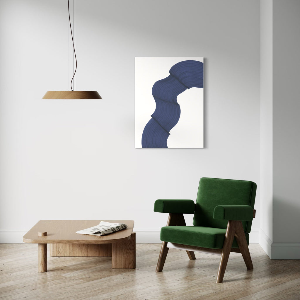 The artwork 'Journey of the Sea' by Alina Glotova features a minimalistic navy blue curved form against a white background, creating a fluid, wave-like silhouette in ink marker technique. The abstract composition suggests oceanic movement through its graceful, undulating lines, measuring 40x30 inches. The modern printInk Marker drawing captures the essence of maritime flow.